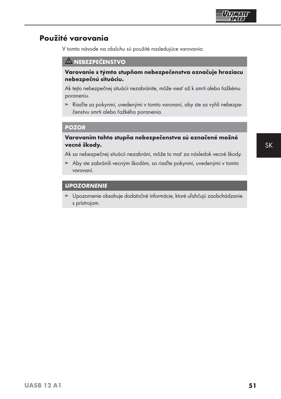 Použité varovania | Ultimate Speed UASB 12 A1 User Manual | Page 54 / 76