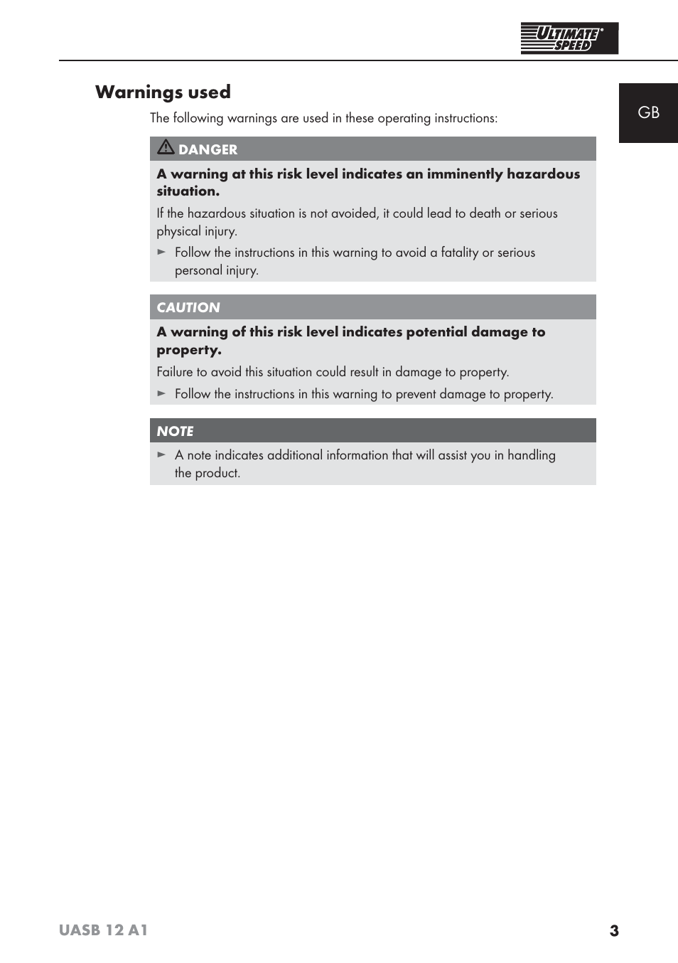 Warnings used | Ultimate Speed UASB 12 A1 User Manual | Page 6 / 76