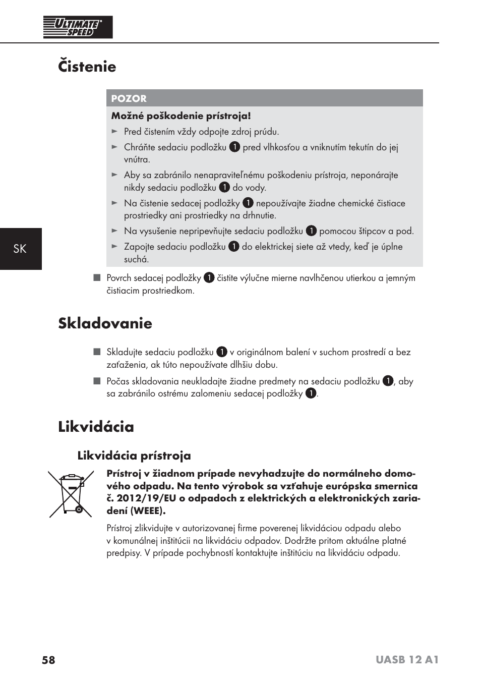 Čistenie, Skladovanie, Likvidácia | Ultimate Speed UASB 12 A1 User Manual | Page 61 / 76