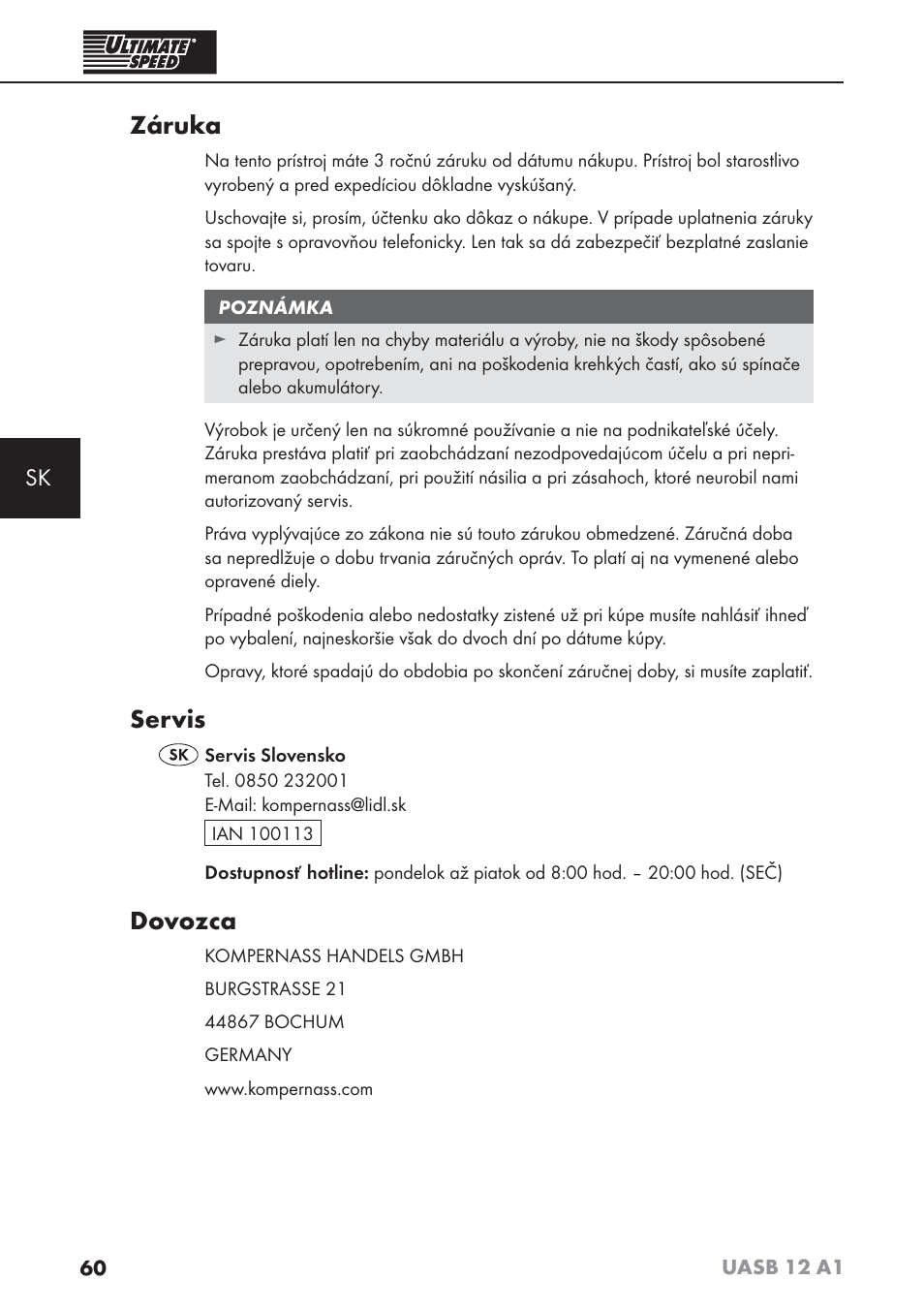 Záruka, Servis, Dovozca | Ultimate Speed UASB 12 A1 User Manual | Page 63 / 76