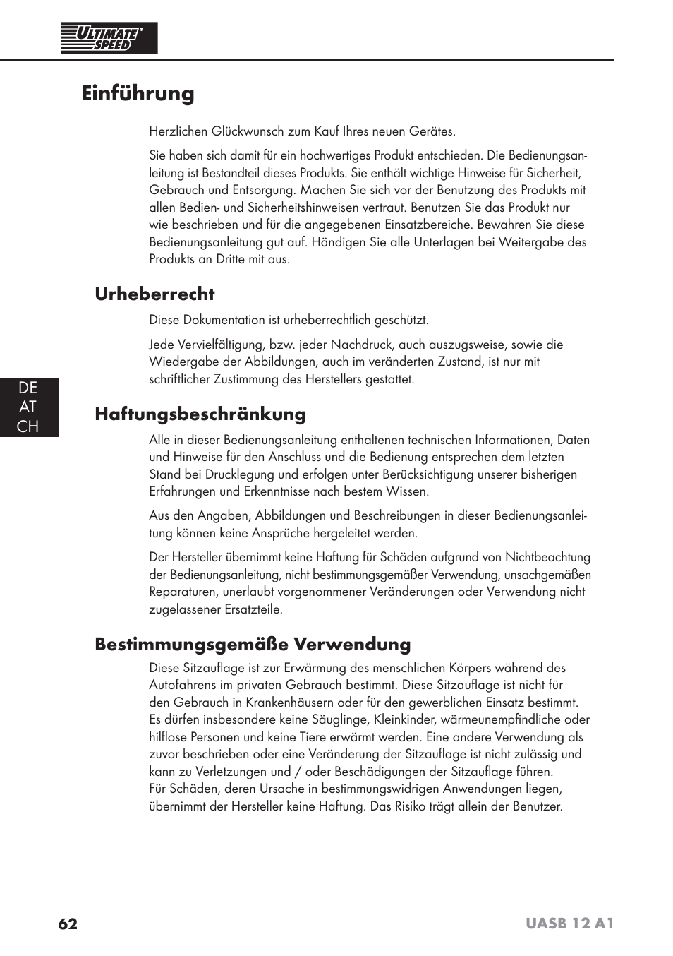 Einführung, Urheberrecht, Haftungsbeschränkung | Bestimmungsgemäße verwendung | Ultimate Speed UASB 12 A1 User Manual | Page 65 / 76