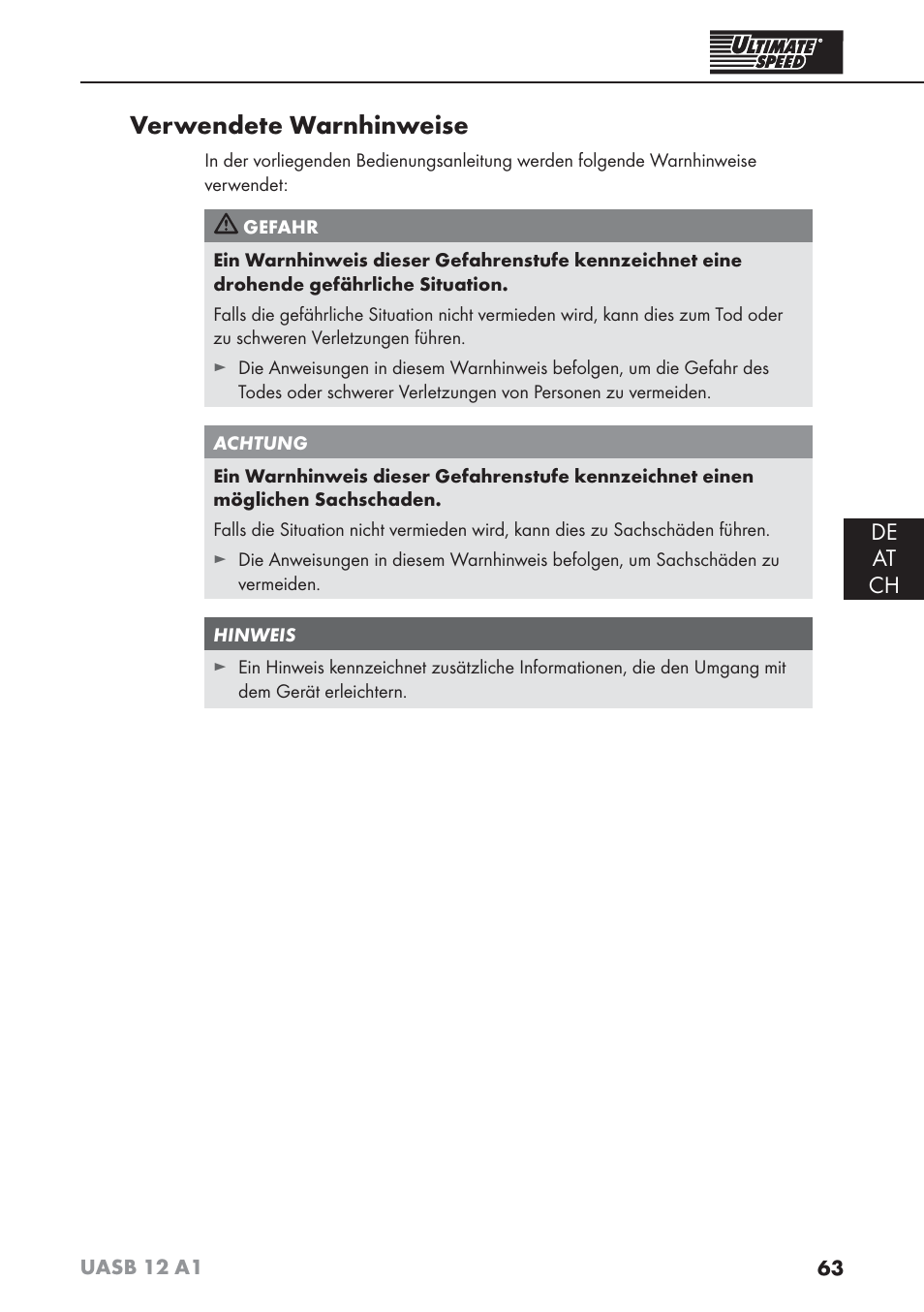 Verwendete warnhinweise, De at ch | Ultimate Speed UASB 12 A1 User Manual | Page 66 / 76