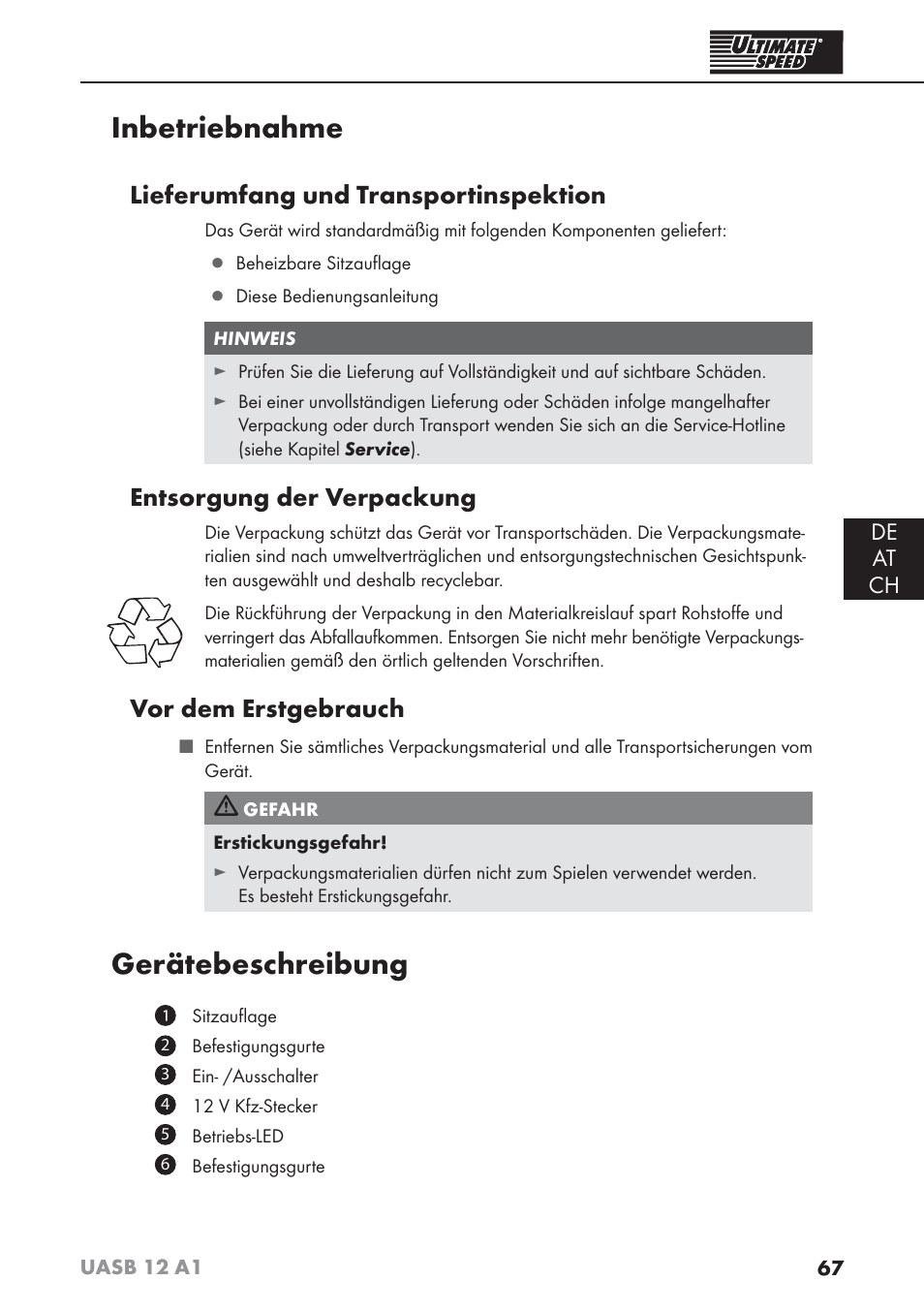 Inbetriebnahme, Gerätebeschreibung, Lieferumfang und transportinspektion | Entsorgung der verpackung, Vor dem erstgebrauch | Ultimate Speed UASB 12 A1 User Manual | Page 70 / 76