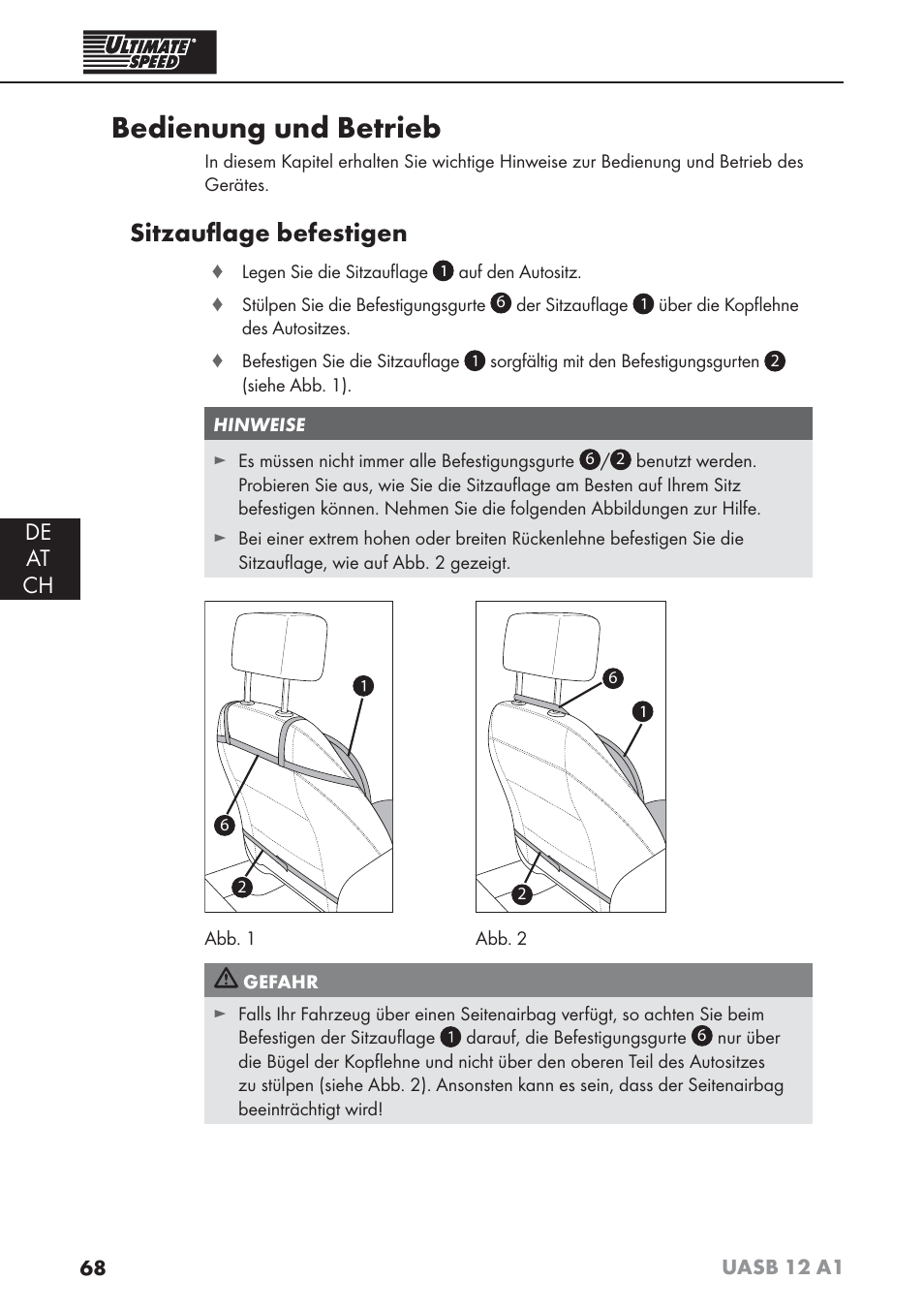 Bedienung und betrieb, Sitzauﬂ age befestigen, De at ch | Ultimate Speed UASB 12 A1 User Manual | Page 71 / 76