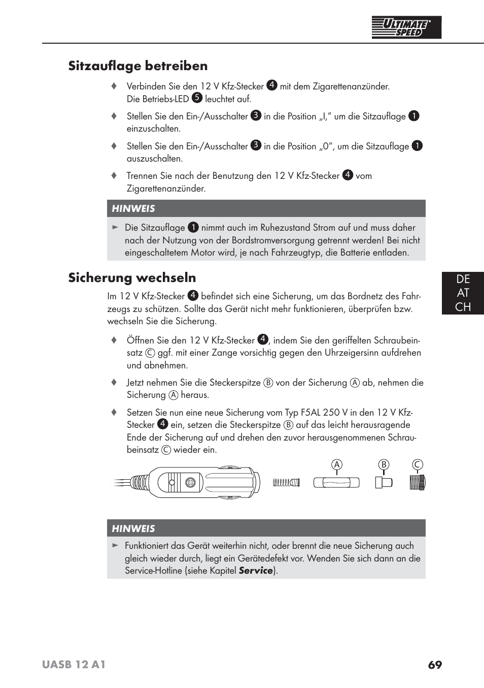 Sitzauﬂ age betreiben, Sicherung wechseln, De at ch | Ultimate Speed UASB 12 A1 User Manual | Page 72 / 76