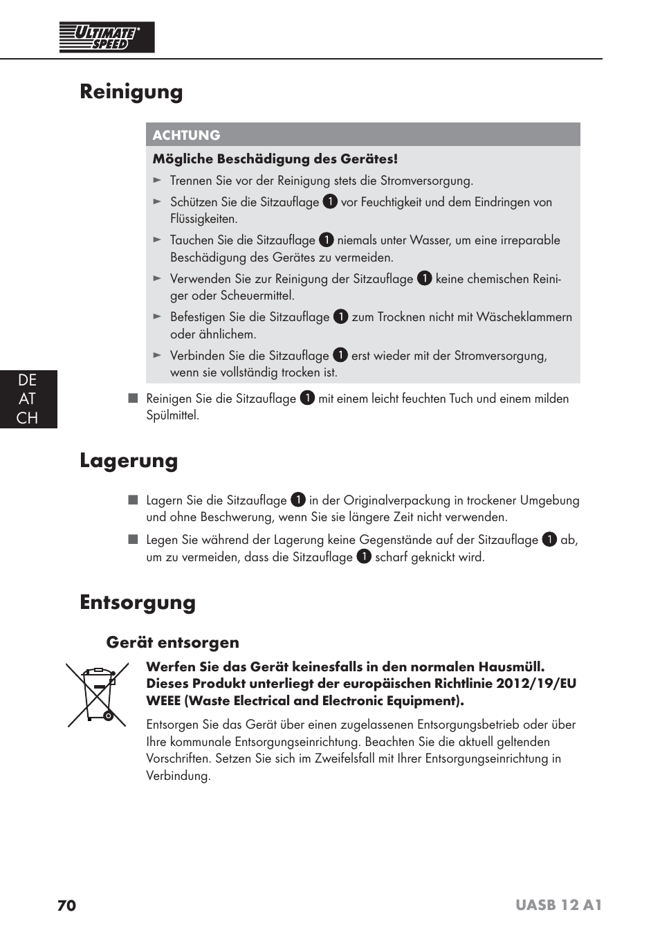 Reinigung, Lagerung, Entsorgung | Ultimate Speed UASB 12 A1 User Manual | Page 73 / 76