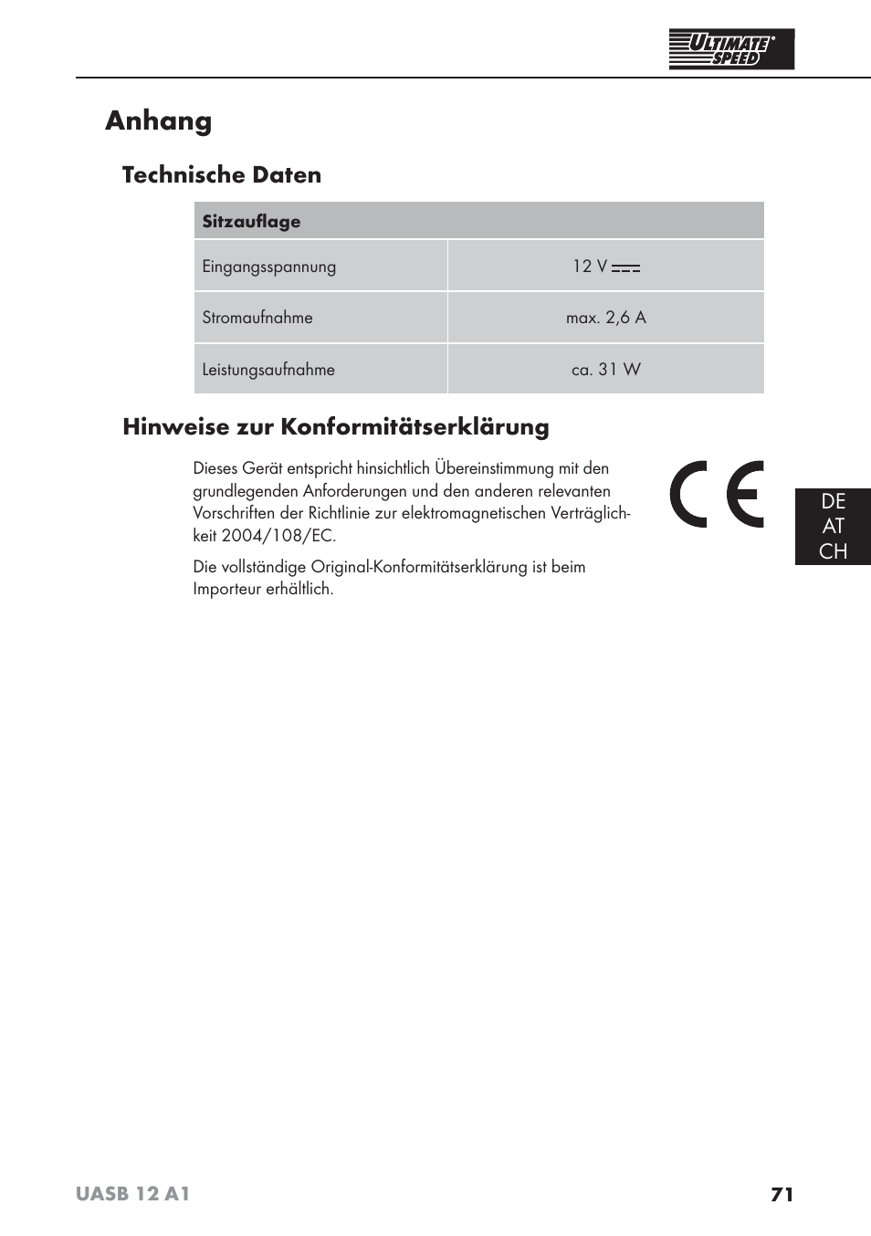 Anhang, Technische daten, Hinweise zur konformitätserklärung | Ultimate Speed UASB 12 A1 User Manual | Page 74 / 76