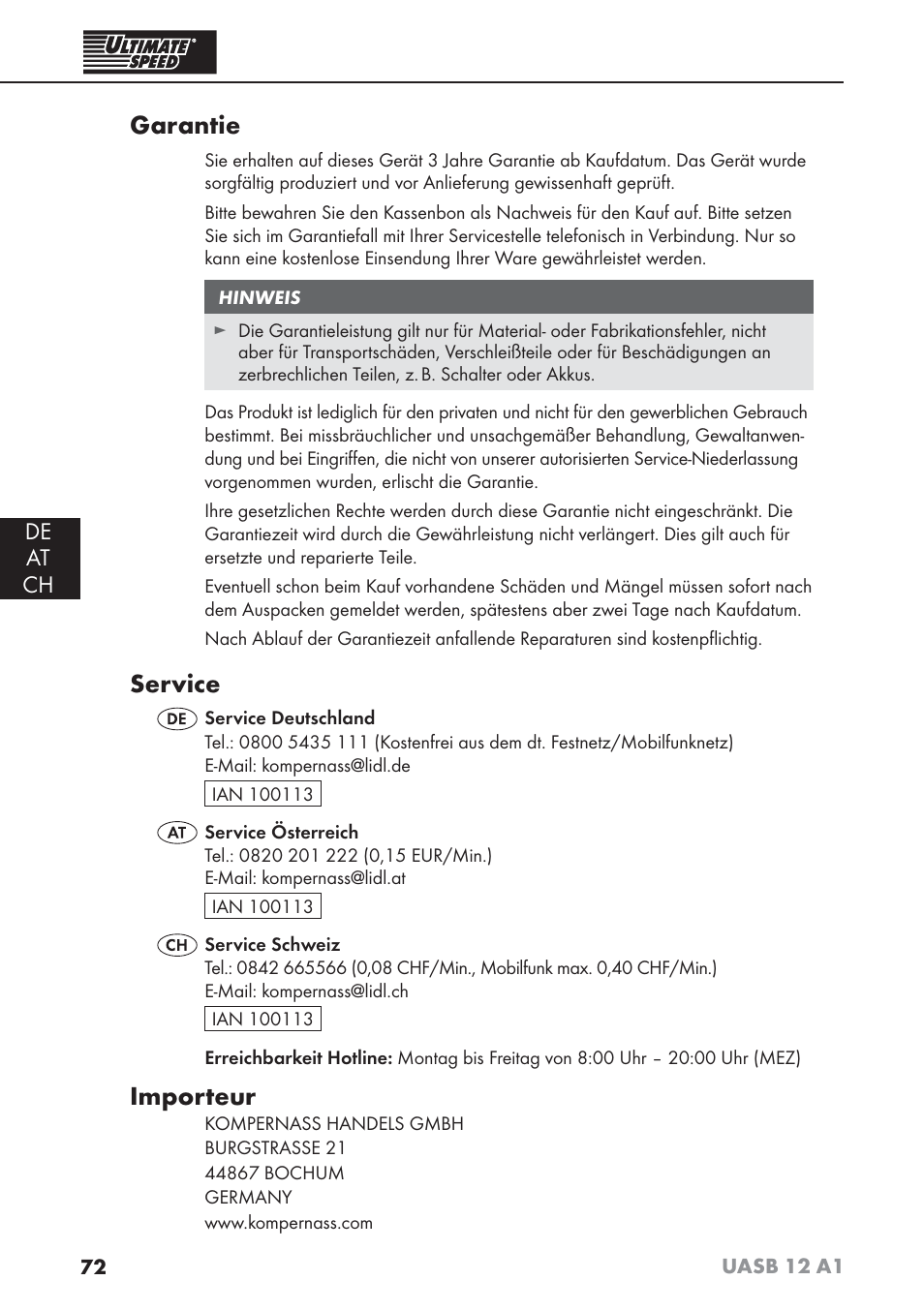 Garantie, Service, Importeur | Ultimate Speed UASB 12 A1 User Manual | Page 75 / 76