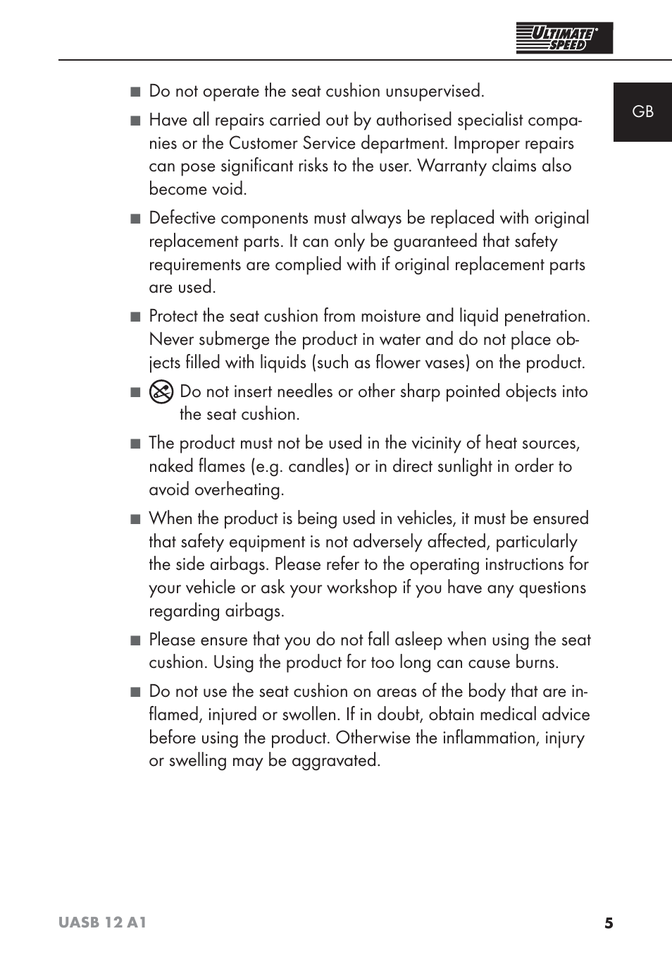 Do not operate the seat cushion unsupervised | Ultimate Speed UASB 12 A1 User Manual | Page 8 / 76