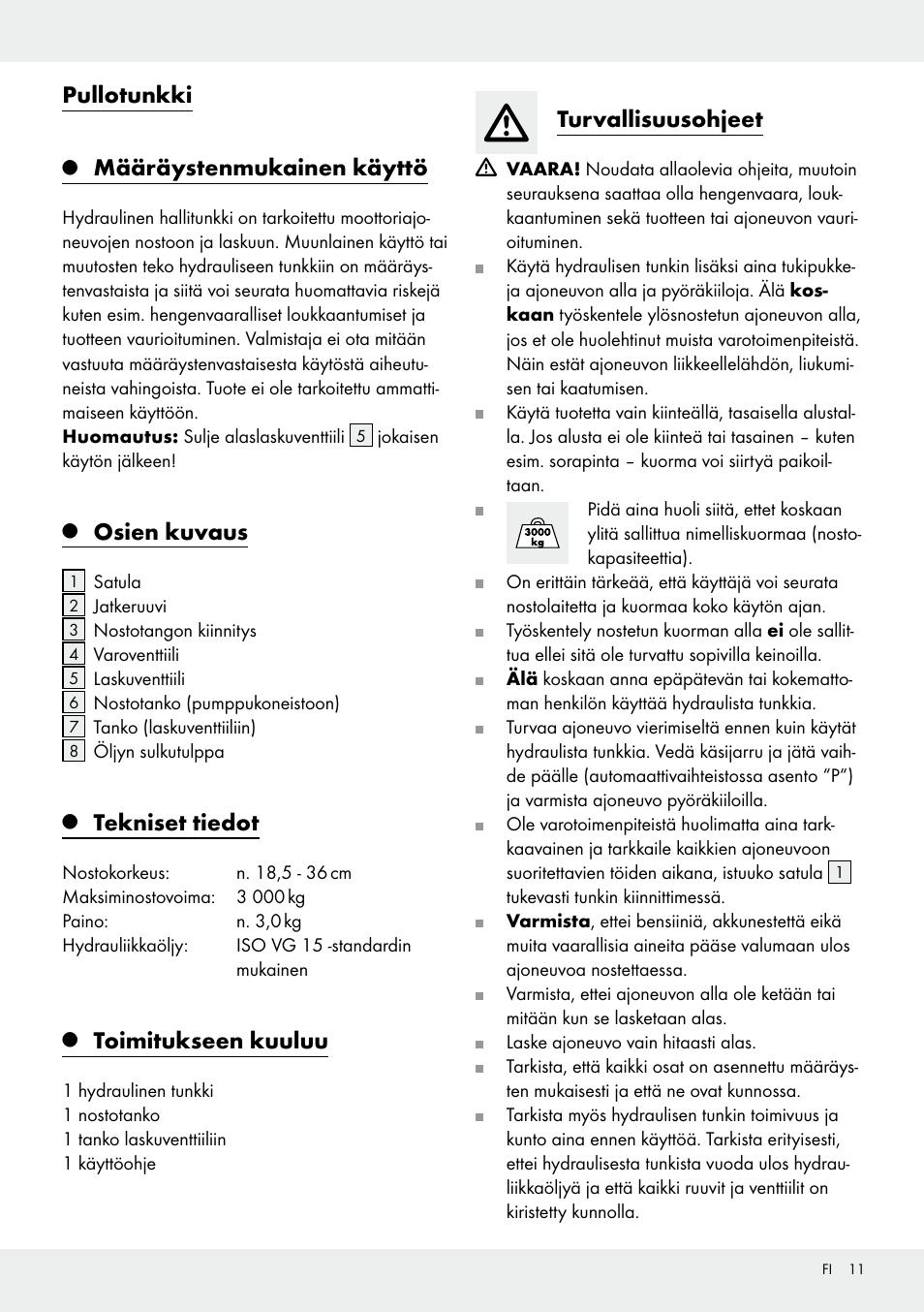 Pullotunkki, Määräystenmukainen käyttö, Osien kuvaus | Tekniset tiedot, Toimitukseen kuuluu, Turvallisuusohjeet | Ultimate Speed Z31224 User Manual | Page 11 / 44