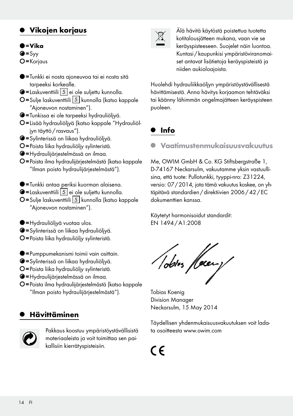 Vikojen korjaus, Hävittäminen, Info | Vaatimustenmukaisuusvakuutus | Ultimate Speed Z31224 User Manual | Page 14 / 44