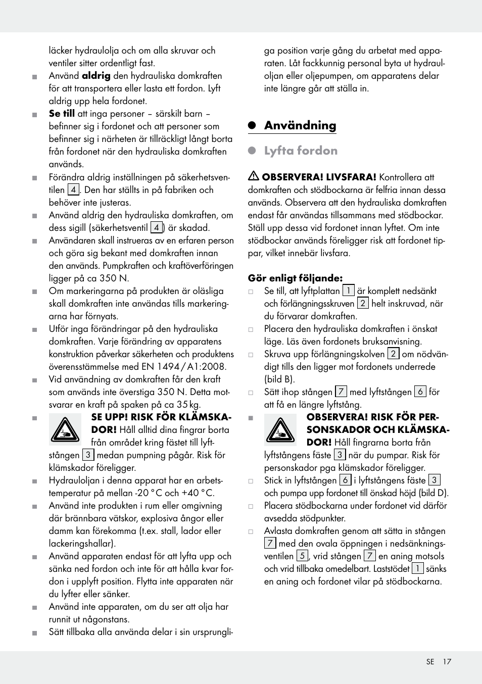 Användning, Lyfta fordon | Ultimate Speed Z31224 User Manual | Page 17 / 44