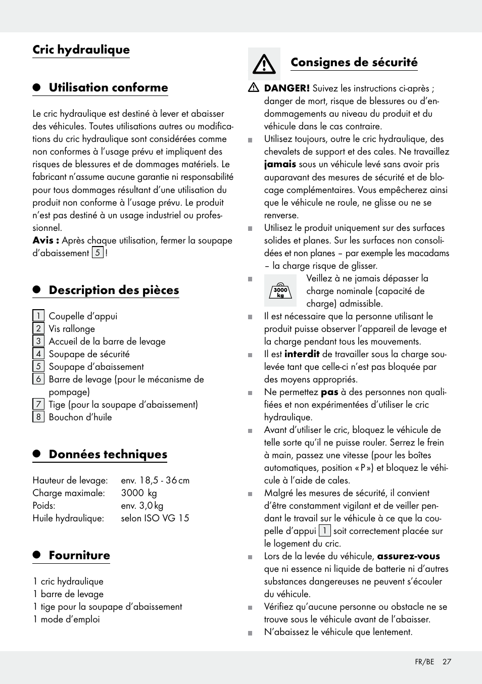 Cric hydraulique, Utilisation conforme, Description des pièces | Données techniques, Fourniture, Consignes de sécurité | Ultimate Speed Z31224 User Manual | Page 27 / 44