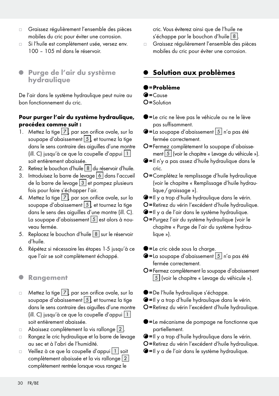 Purge de l’air du système hydraulique, Rangement, Solution aux problèmes | Ultimate Speed Z31224 User Manual | Page 30 / 44