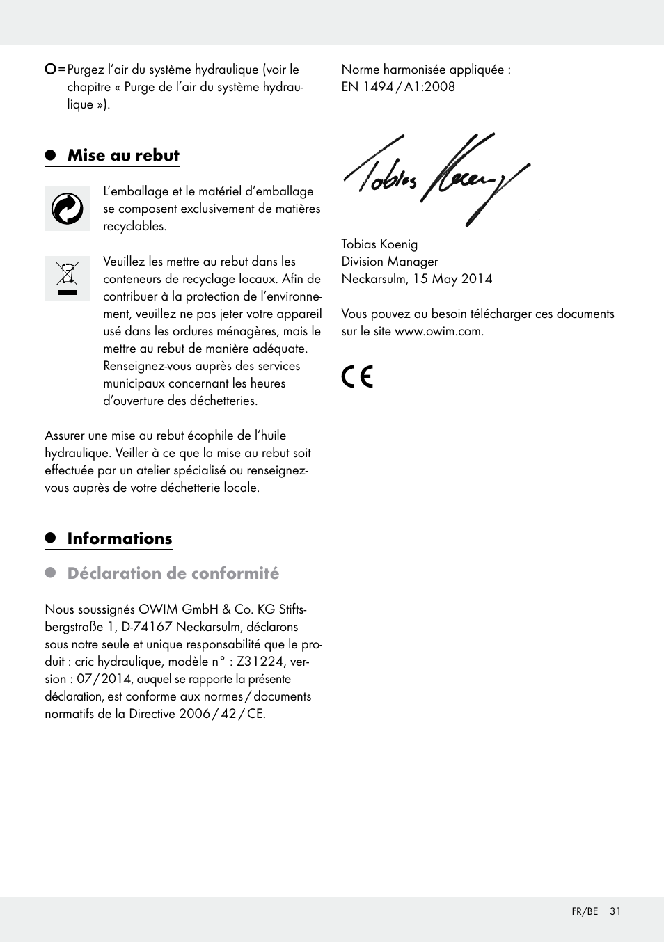 Mise au rebut, Informations, Déclaration de conformité | Ultimate Speed Z31224 User Manual | Page 31 / 44