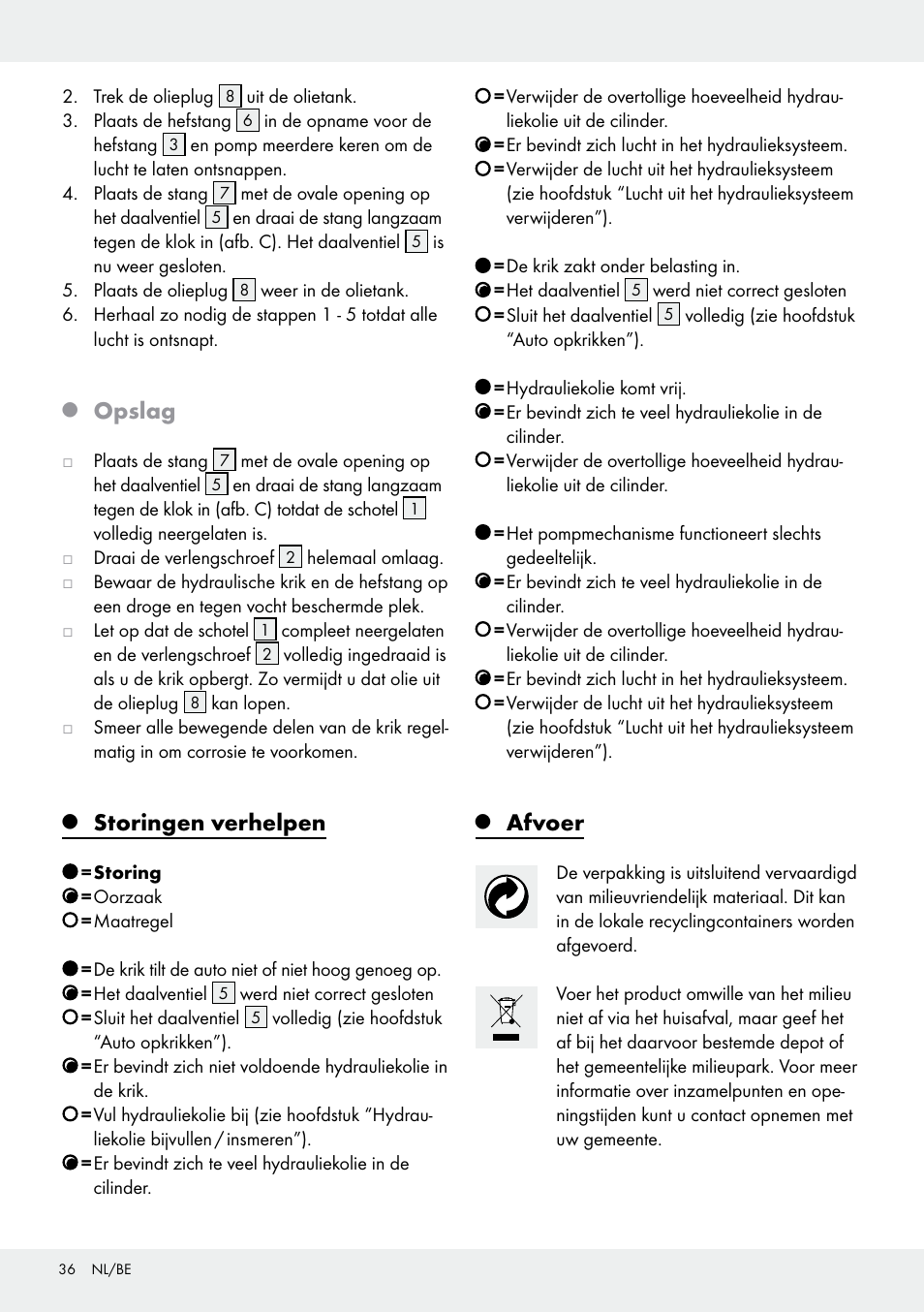 Opslag, Storingen verhelpen, Afvoer | Ultimate Speed Z31224 User Manual | Page 36 / 44