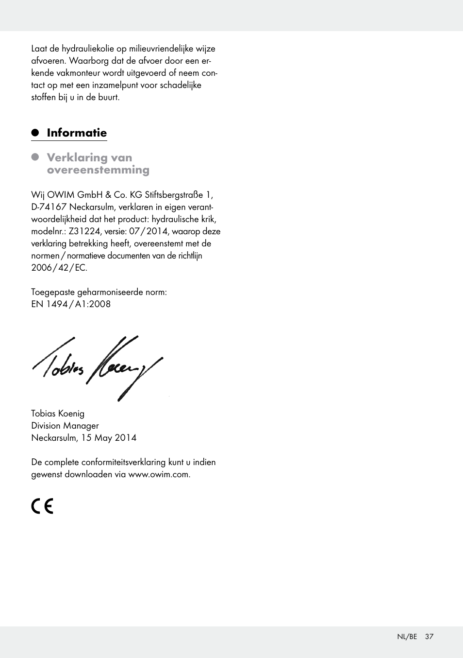 Informatie, Verklaring van overeenstemming | Ultimate Speed Z31224 User Manual | Page 37 / 44