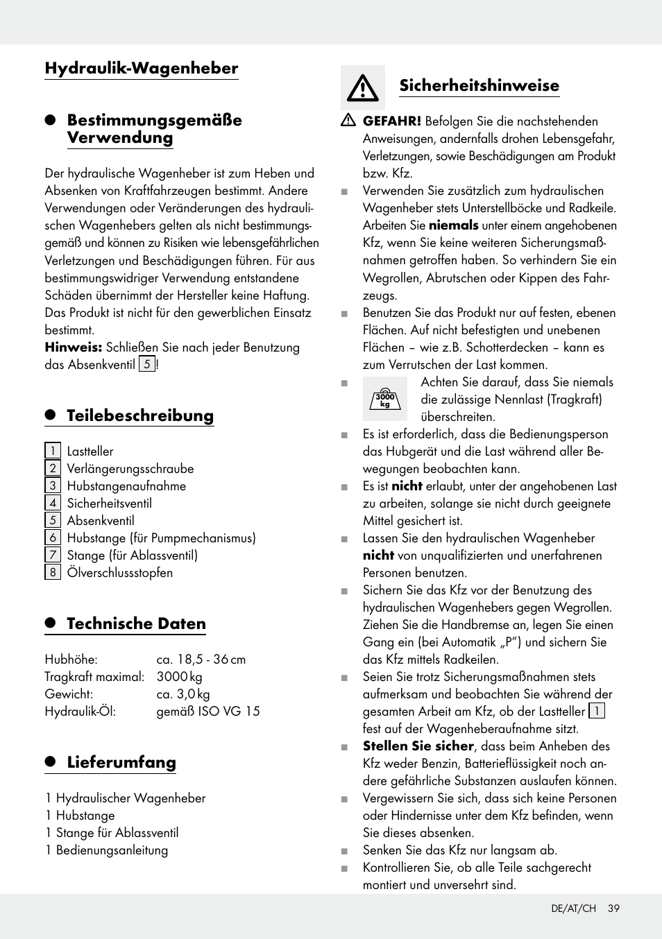 Hydraulik-wagenheber, Bestimmungsgemäße verwendung, Teilebeschreibung | Technische daten, Lieferumfang, Sicherheitshinweise | Ultimate Speed Z31224 User Manual | Page 39 / 44
