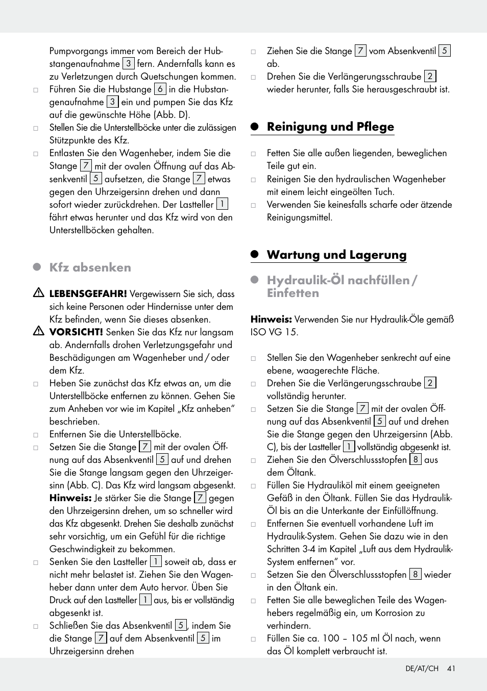 Kfz absenken, Reinigung und pflege, Wartung und lagerung | Hydraulik-öl nachfüllen / einfetten | Ultimate Speed Z31224 User Manual | Page 41 / 44