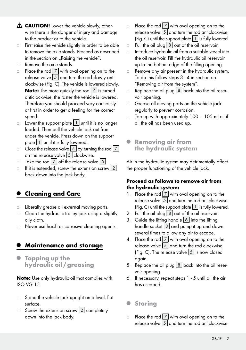 Cleaning and care, Maintenance and storage, Topping up the hydraulic oil / greasing | Removing air from the hydraulic system, Storing | Ultimate Speed Z31224 User Manual | Page 7 / 44