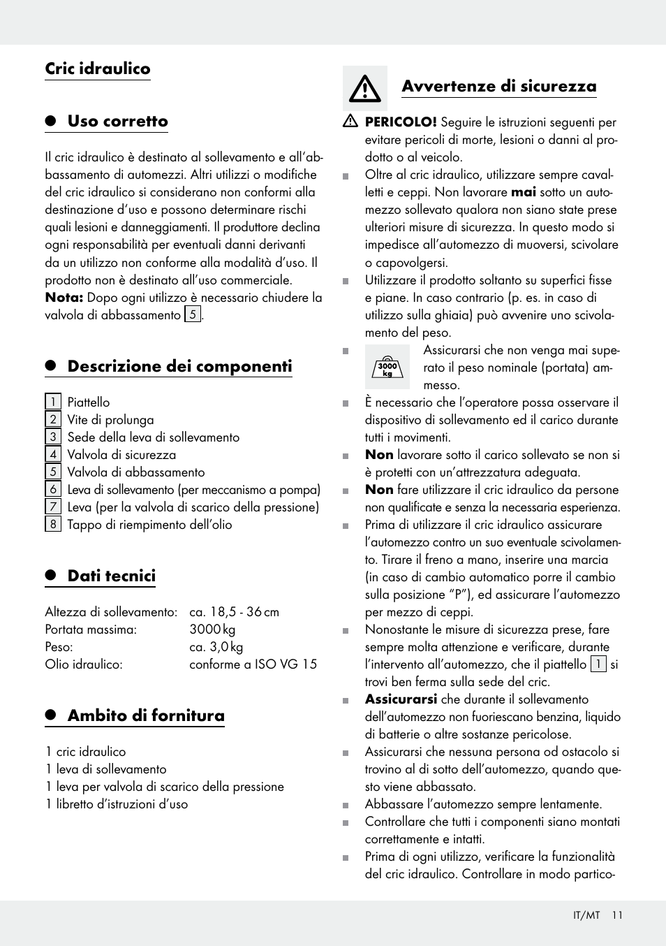 Cric idraulico, Uso corretto, Descrizione dei componenti | Dati tecnici, Ambito di fornitura, Avvertenze di sicurezza | Ultimate Speed Z31224 User Manual | Page 11 / 34