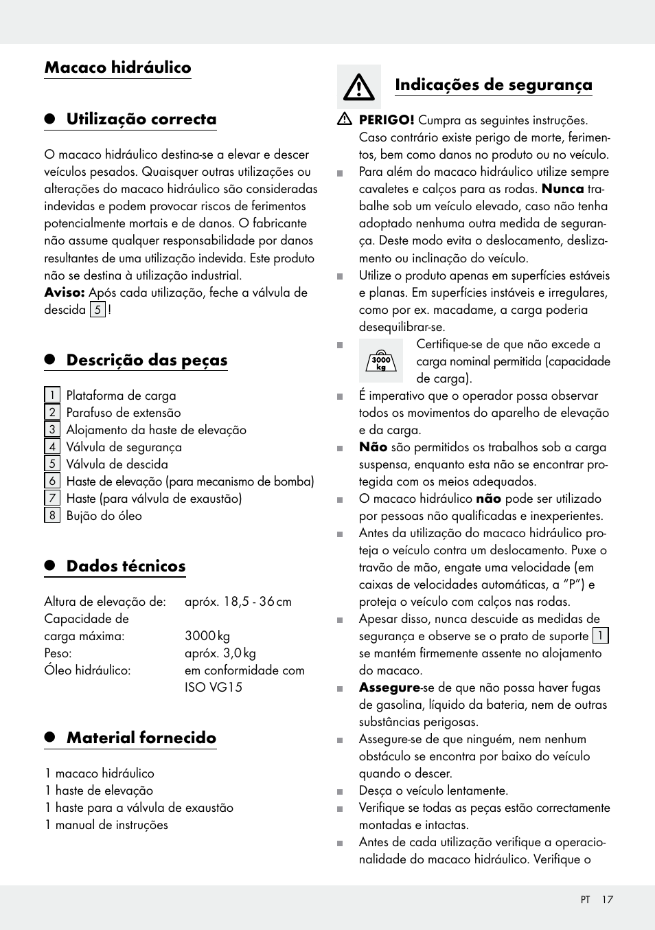 Macaco hidráulico, Utilização correcta, Descrição das peças | Dados técnicos, Material fornecido, Indicações de segurança | Ultimate Speed Z31224 User Manual | Page 17 / 34