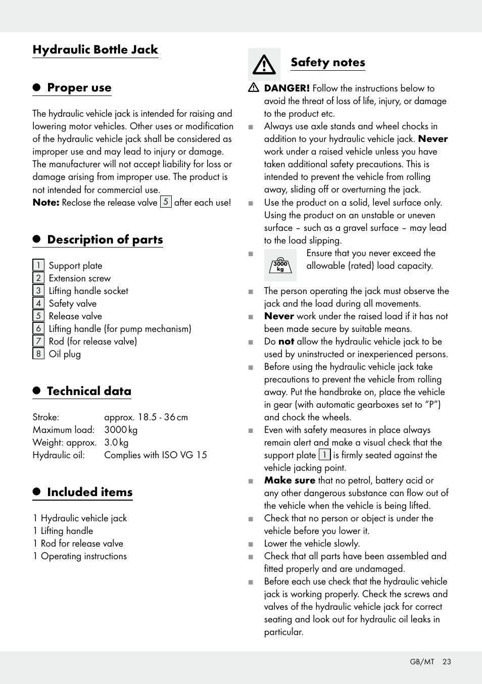 Hydraulic bottle jack, Proper use, Description of parts | Technical data, Included items | Ultimate Speed Z31224 User Manual | Page 23 / 34