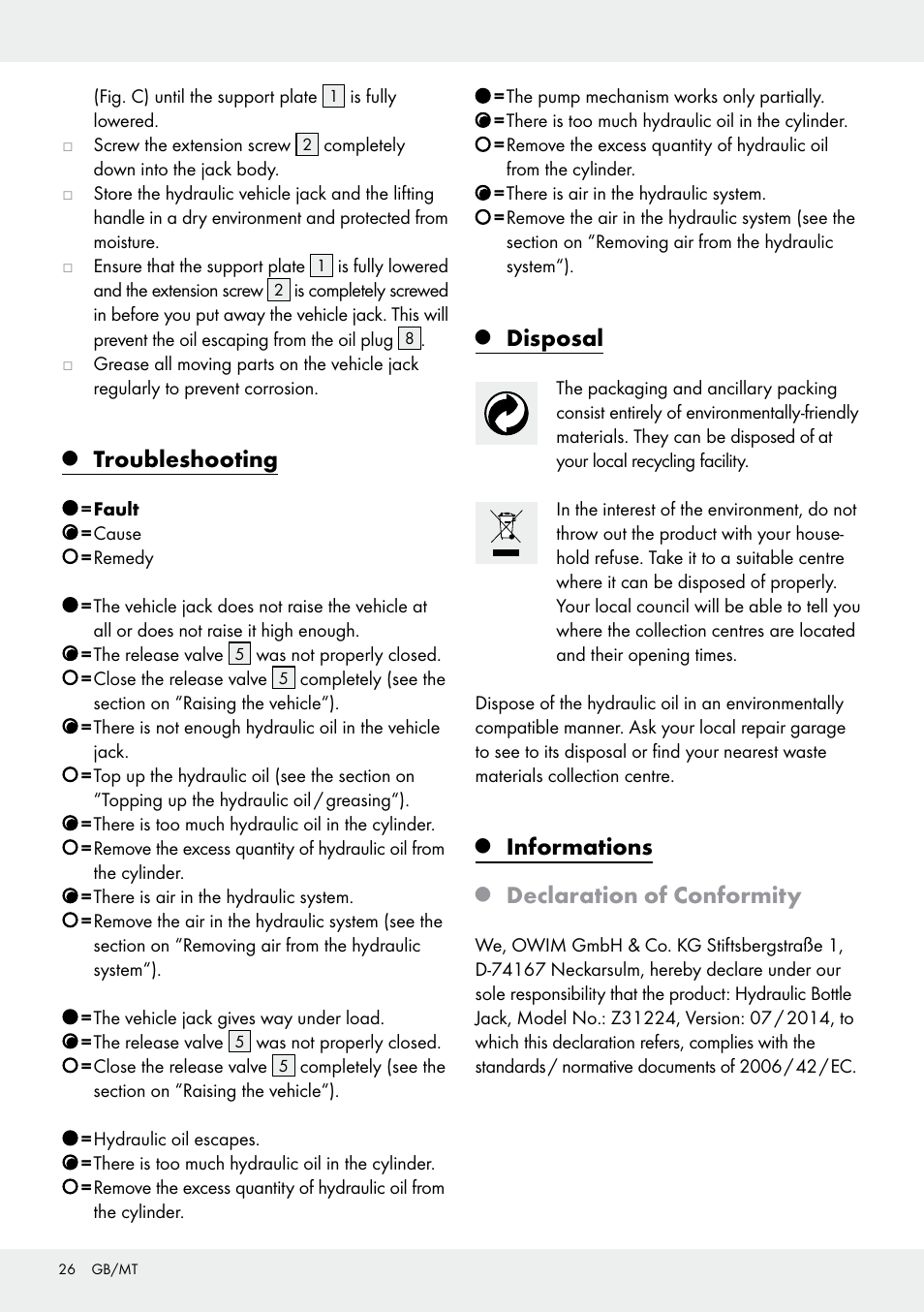Troubleshooting, Disposal, Informations | Declaration of conformity | Ultimate Speed Z31224 User Manual | Page 26 / 34