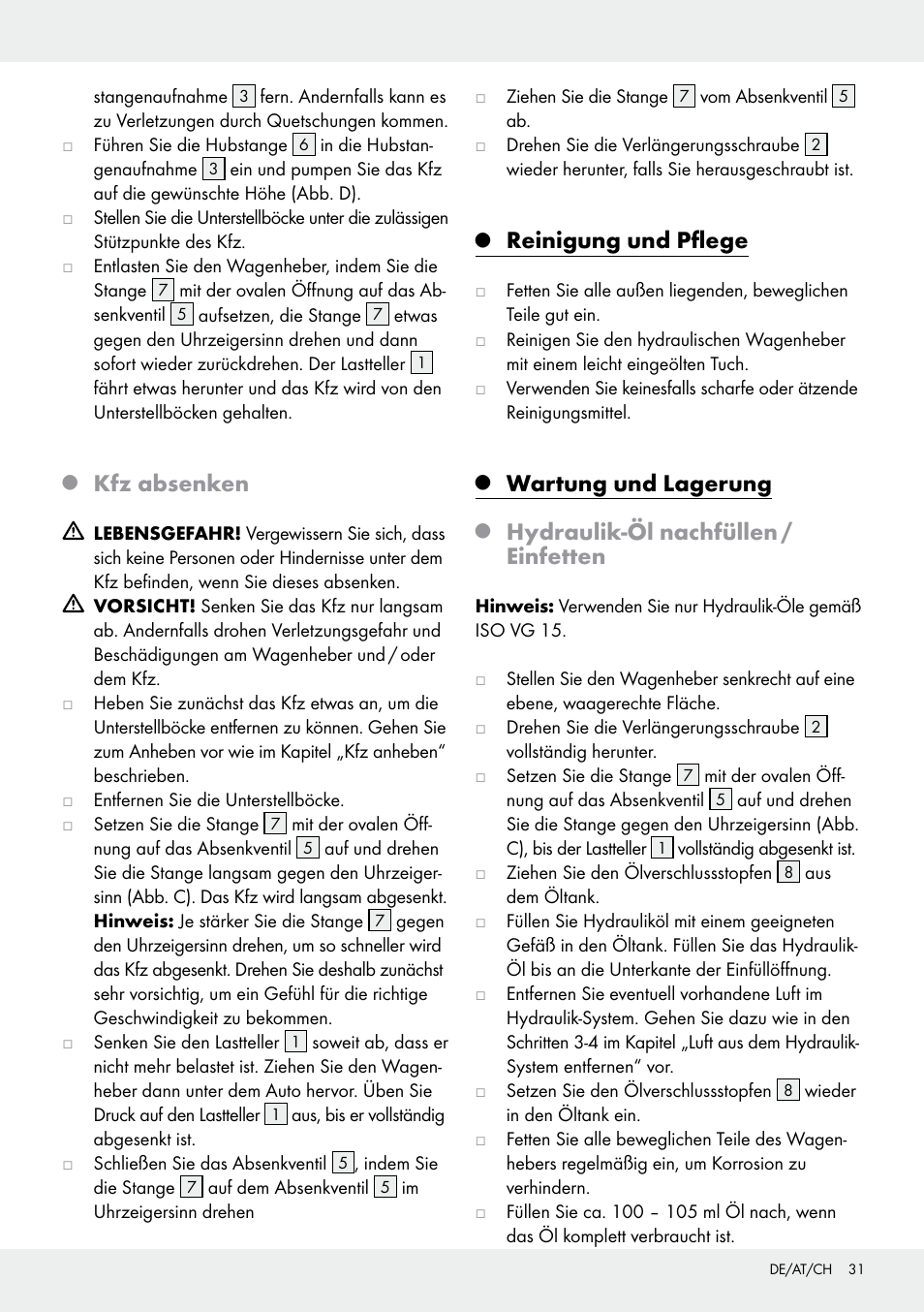 Kfz absenken, Reinigung und pflege, Wartung und lagerung | Hydraulik-öl nachfüllen / einfetten | Ultimate Speed Z31224 User Manual | Page 31 / 34