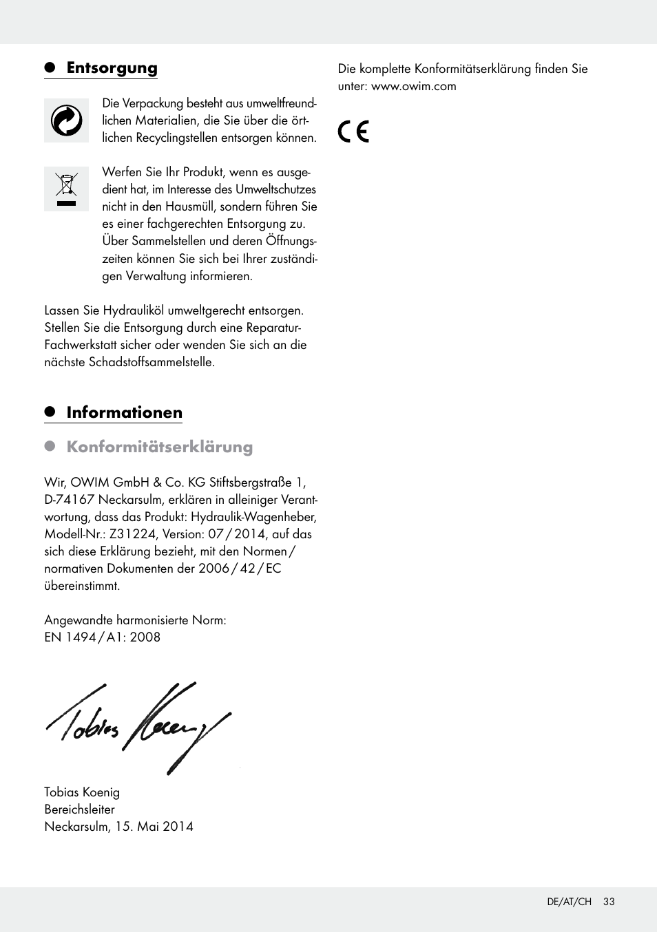 Entsorgung, Informationen, Konformitätserklärung | Ultimate Speed Z31224 User Manual | Page 33 / 34