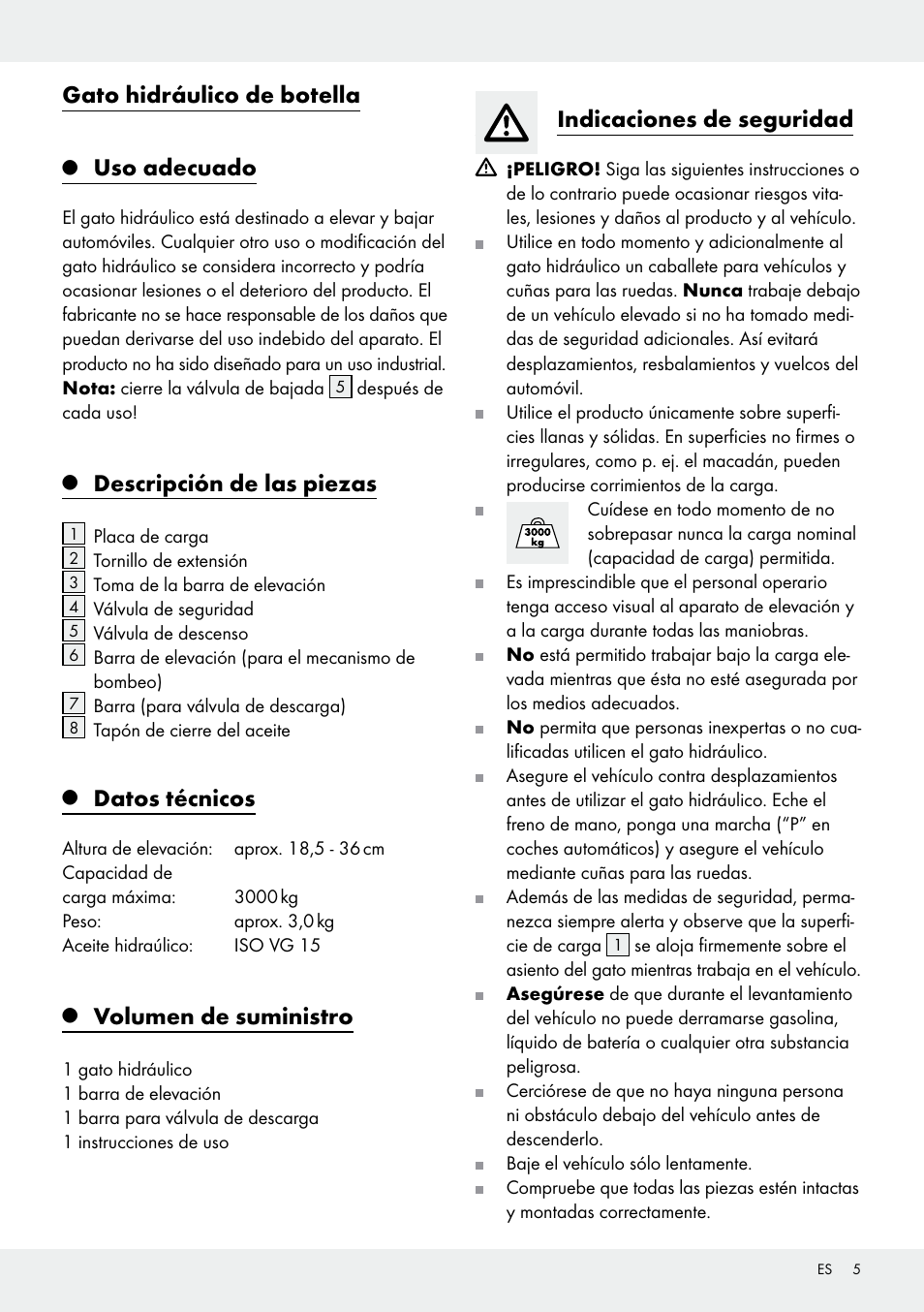 Gato hidráulico de botella, Uso adecuado, Descripción de las piezas | Datos técnicos, Volumen de suministro, Indicaciones de seguridad | Ultimate Speed Z31224 User Manual | Page 5 / 34