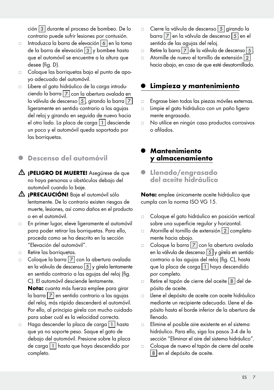 Descenso del automóvil, Limpieza y mantenimiento, Mantenimiento y almacenamiento | Llenado/engrasado del aceite hidráulico | Ultimate Speed Z31224 User Manual | Page 7 / 34