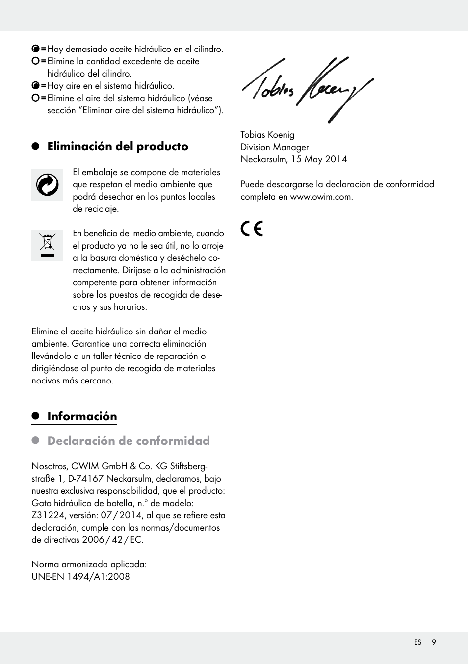 Eliminación del producto, Información, Declaración de conformidad | Ultimate Speed Z31224 User Manual | Page 9 / 34