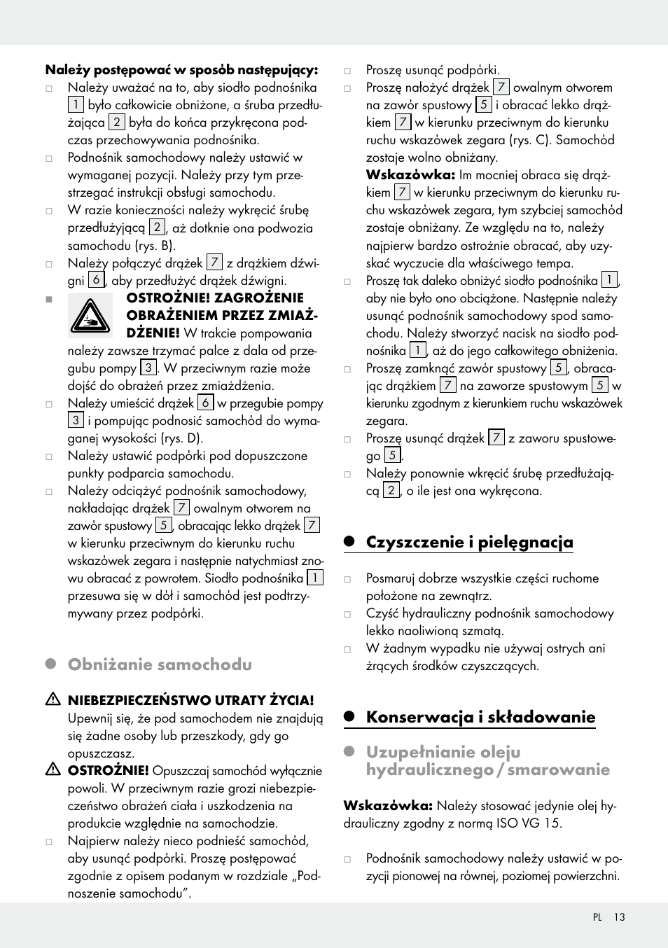 Obniżanie samochodu, Czyszczenie i pielęgnacja, Konserwacja i składowanie | Uzupełnianie oleju hydraulicznego / smarowanie | Ultimate Speed Z31224 User Manual | Page 13 / 46