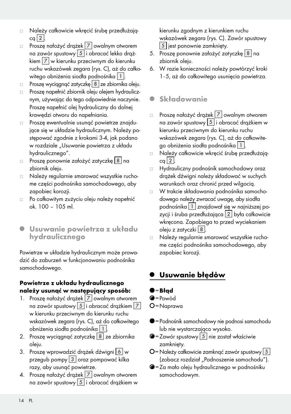 Usuwanie powietrza z układu hydraulicznego, Składowanie, Usuwanie błędόw | Ultimate Speed Z31224 User Manual | Page 14 / 46