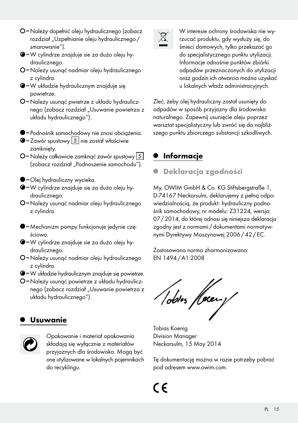 Usuwanie, Informacje, Deklaracja zgodności | Ultimate Speed Z31224 User Manual | Page 15 / 46