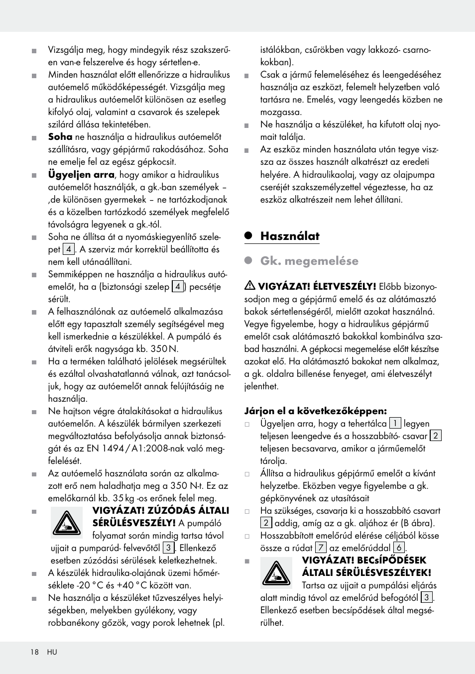 Használat, Gk. megemelése | Ultimate Speed Z31224 User Manual | Page 18 / 46