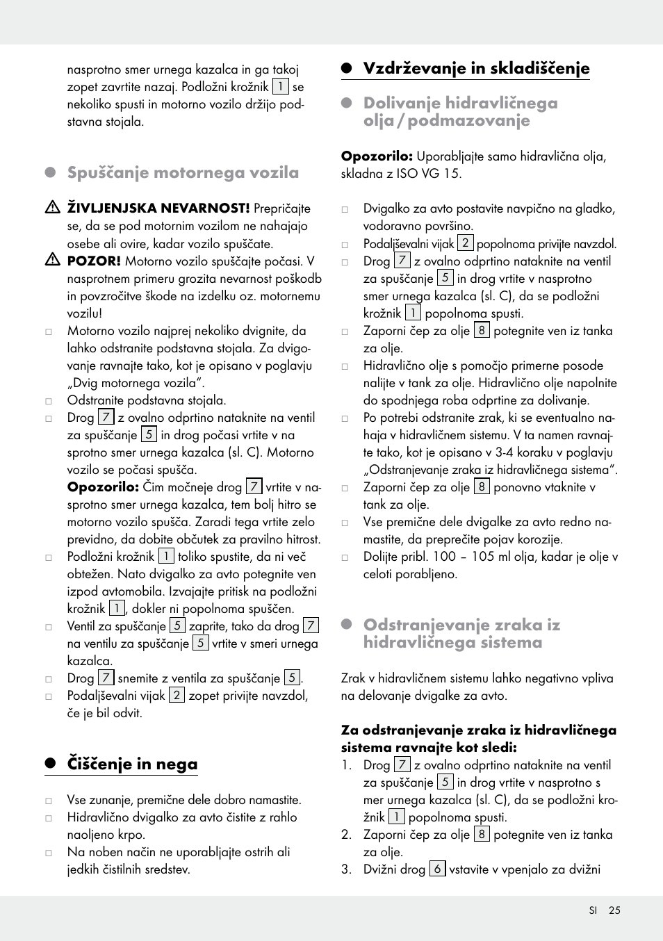 Spuščanje motornega vozila, Čiščenje in nega, Vzdrževanje in skladiščenje | Dolivanje hidravličnega olja / podmazovanje, Odstranjevanje zraka iz hidravličnega sistema | Ultimate Speed Z31224 User Manual | Page 25 / 46