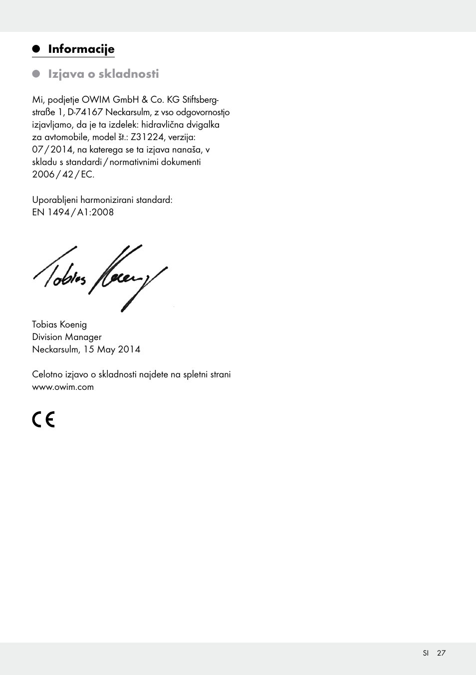 Informacije, Izjava o skladnosti | Ultimate Speed Z31224 User Manual | Page 27 / 46
