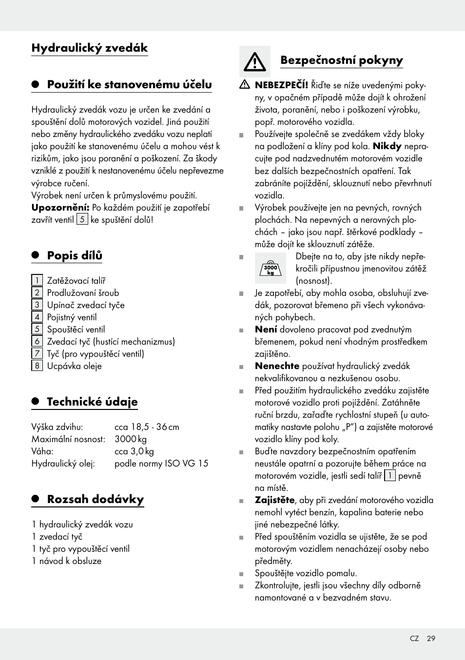 Hydraulický zvedák, Použití ke stanovenému účelu, Popis dílů | Technické údaje, Rozsah dodávky, Bezpečnostní pokyny | Ultimate Speed Z31224 User Manual | Page 29 / 46