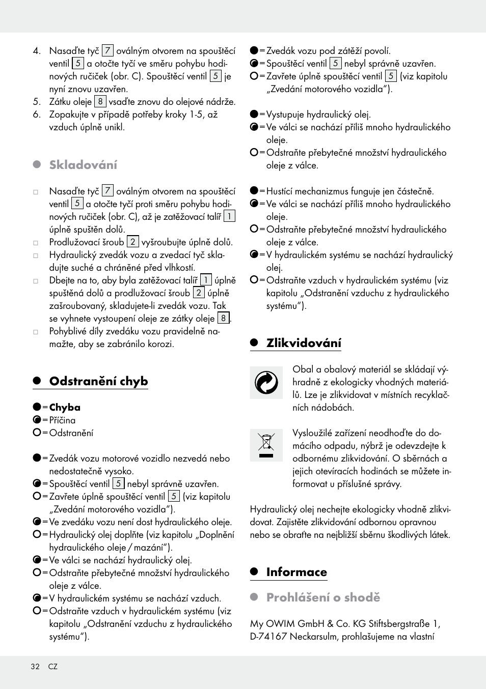 Skladování, Odstranění chyb, Zlikvidování | Informace, Prohlášení o shodě | Ultimate Speed Z31224 User Manual | Page 32 / 46