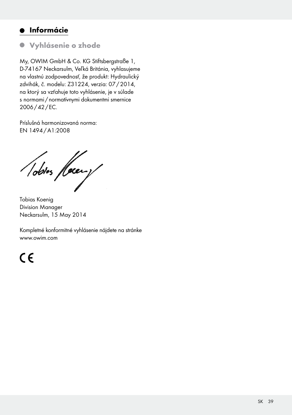 Informácie, Vyhlásenie o zhode | Ultimate Speed Z31224 User Manual | Page 39 / 46