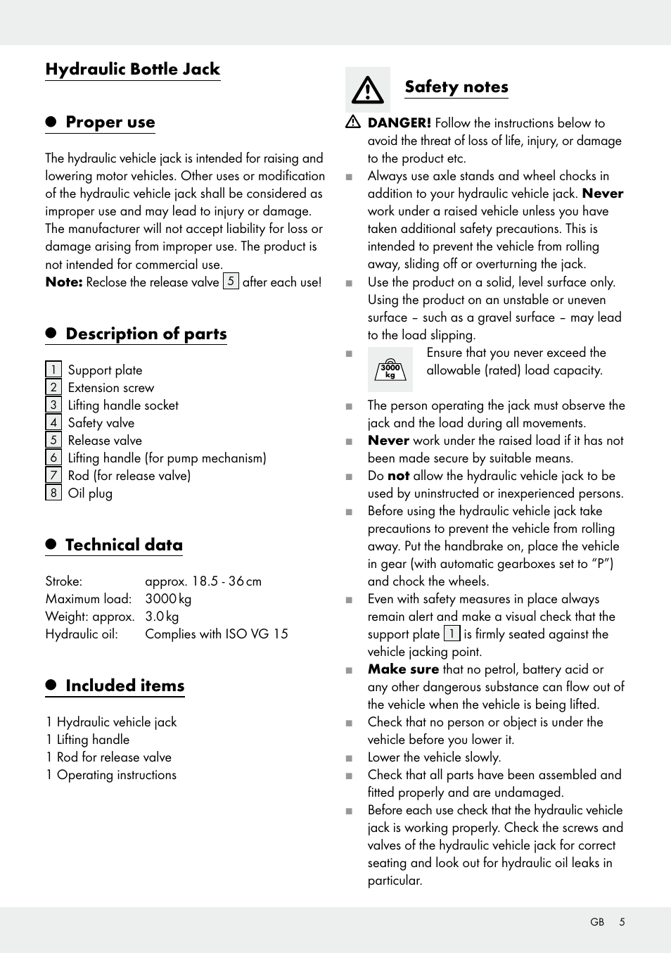Hydraulic bottle jack, Proper use, Description of parts | Technical data, Included items | Ultimate Speed Z31224 User Manual | Page 5 / 46