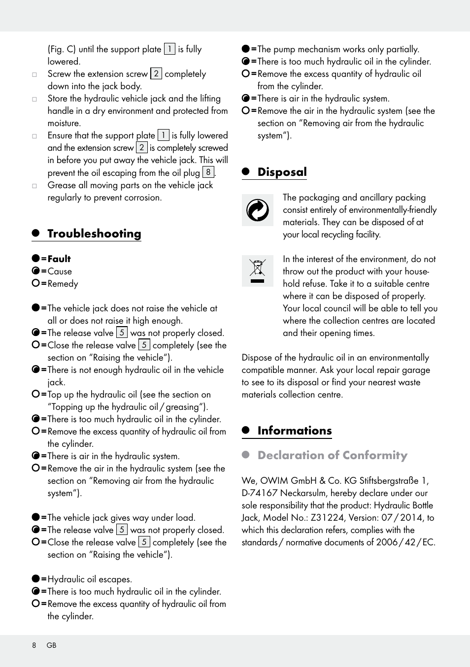 Troubleshooting, Disposal, Informations | Declaration of conformity | Ultimate Speed Z31224 User Manual | Page 8 / 46