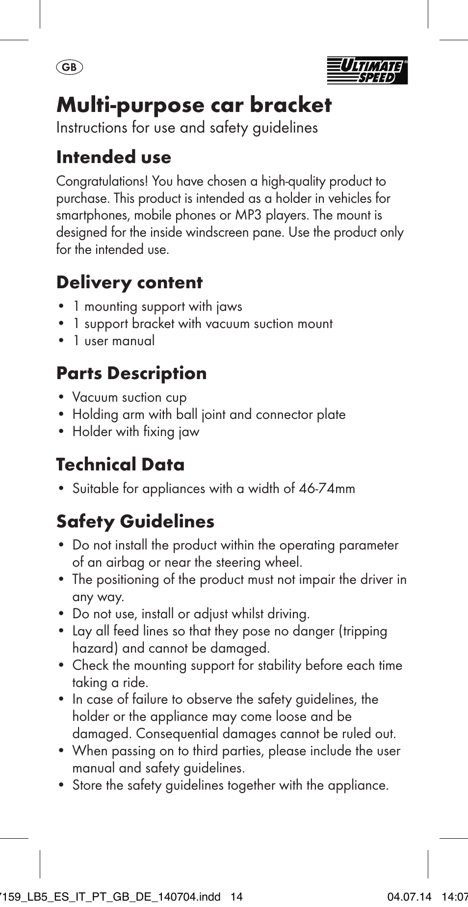 Multi-purpose car bracket, Intended use, Delivery content | Parts description, Technical data, Safety guidelines | Ultimate Speed MULTI-PURPOSE CAR BRACKET User Manual | Page 14 / 22