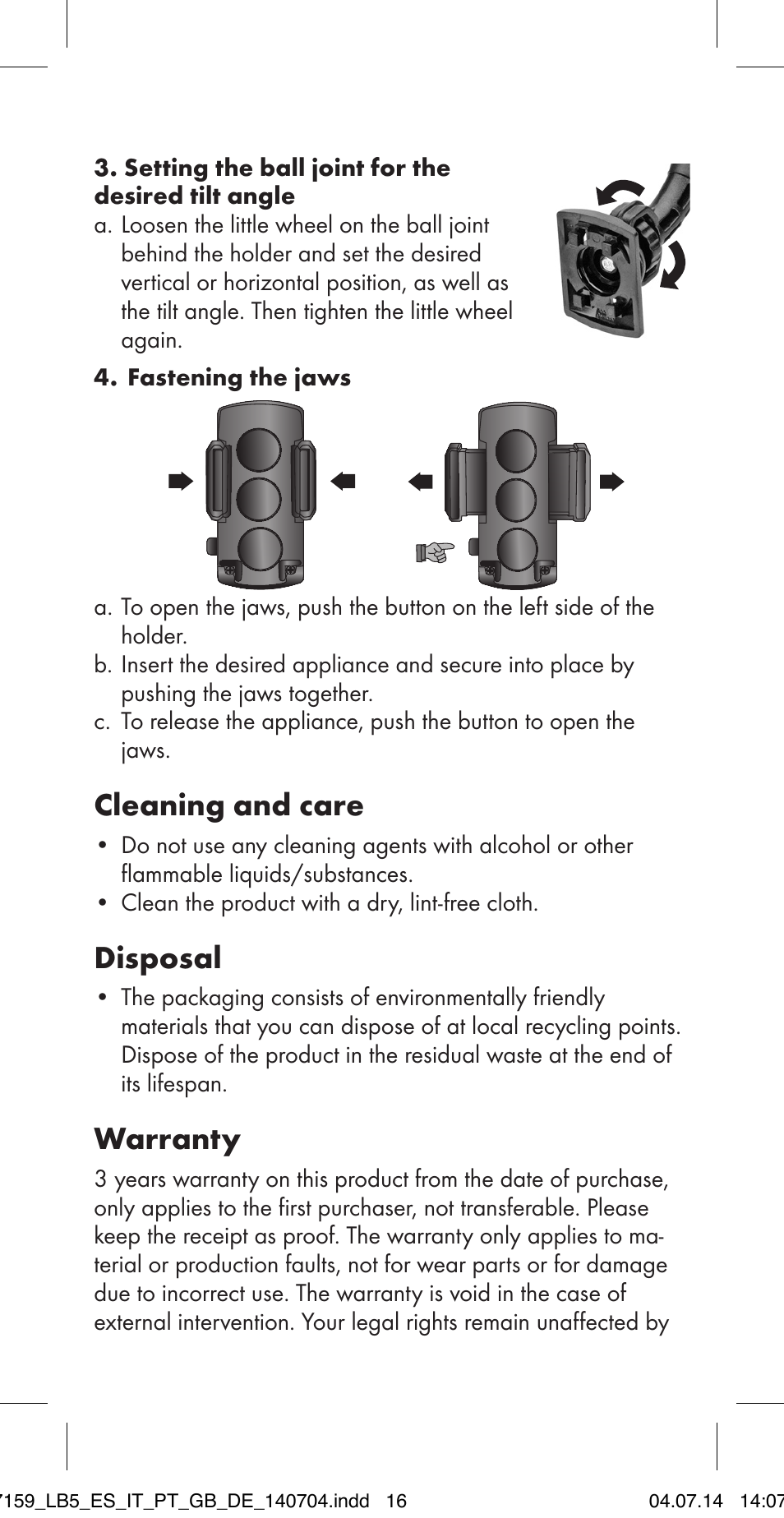 Cleaning and care, Disposal, Warranty | Ultimate Speed MULTI-PURPOSE CAR BRACKET User Manual | Page 16 / 22