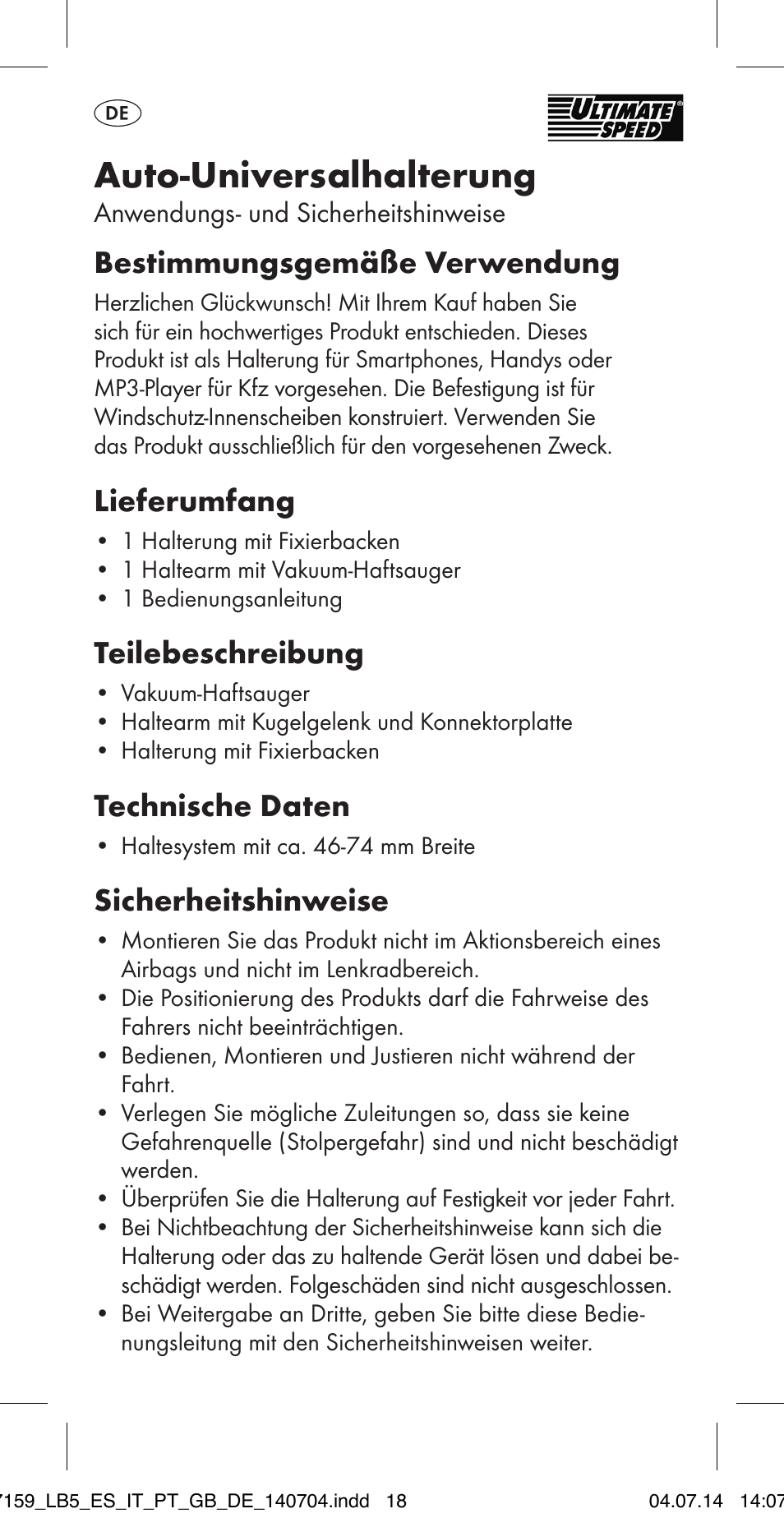 Auto-universalhalterung, Bestimmungsgemäße verwendung, Lieferumfang | Teilebeschreibung, Technische daten, Sicherheitshinweise | Ultimate Speed MULTI-PURPOSE CAR BRACKET User Manual | Page 18 / 22