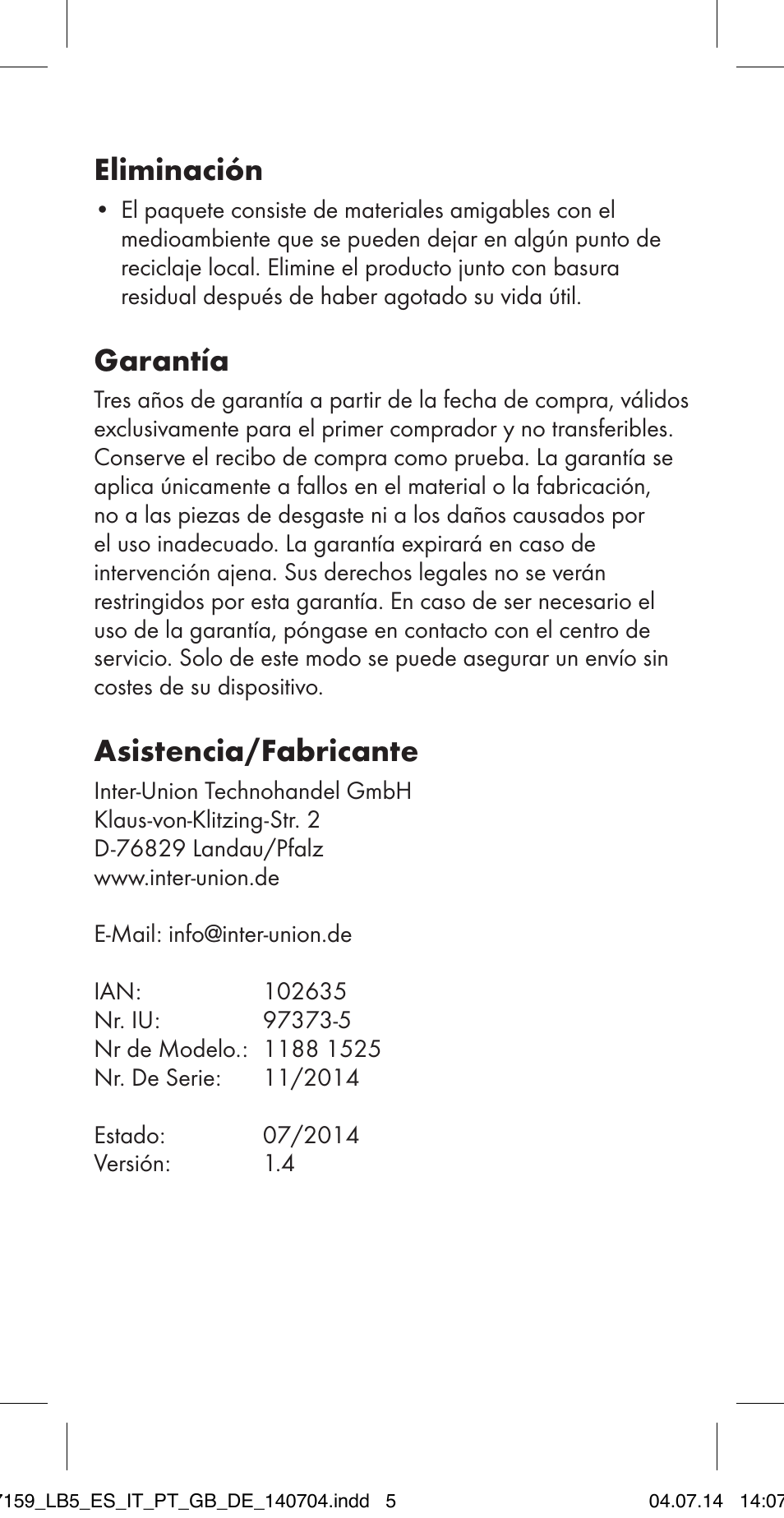 Eliminación, Garantía, Asistencia/fabricante | Ultimate Speed MULTI-PURPOSE CAR BRACKET User Manual | Page 5 / 22