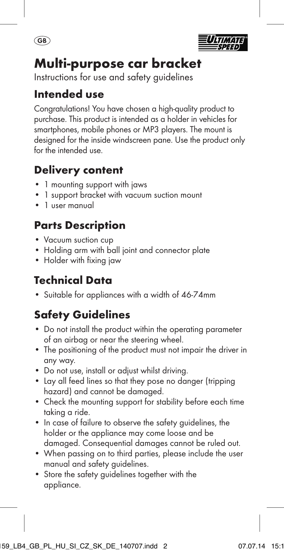 Multi-purpose car bracket, Intended use, Delivery content | Parts description, Technical data, Safety guidelines | Ultimate Speed MULTI-PURPOSE CAR BRACKET User Manual | Page 2 / 30