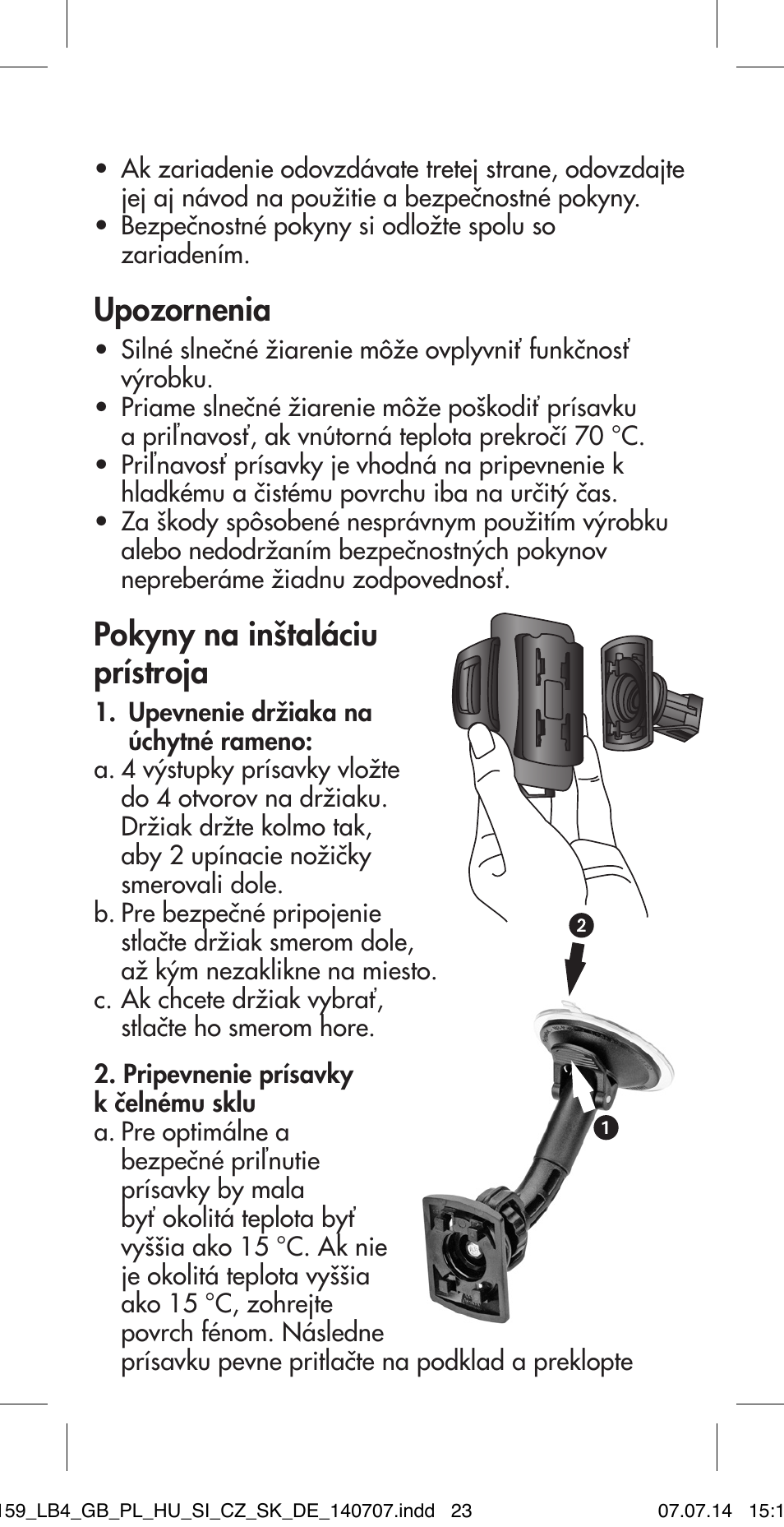 Upozornenia, Pokyny na inštaláciu prístroja | Ultimate Speed MULTI-PURPOSE CAR BRACKET User Manual | Page 23 / 30